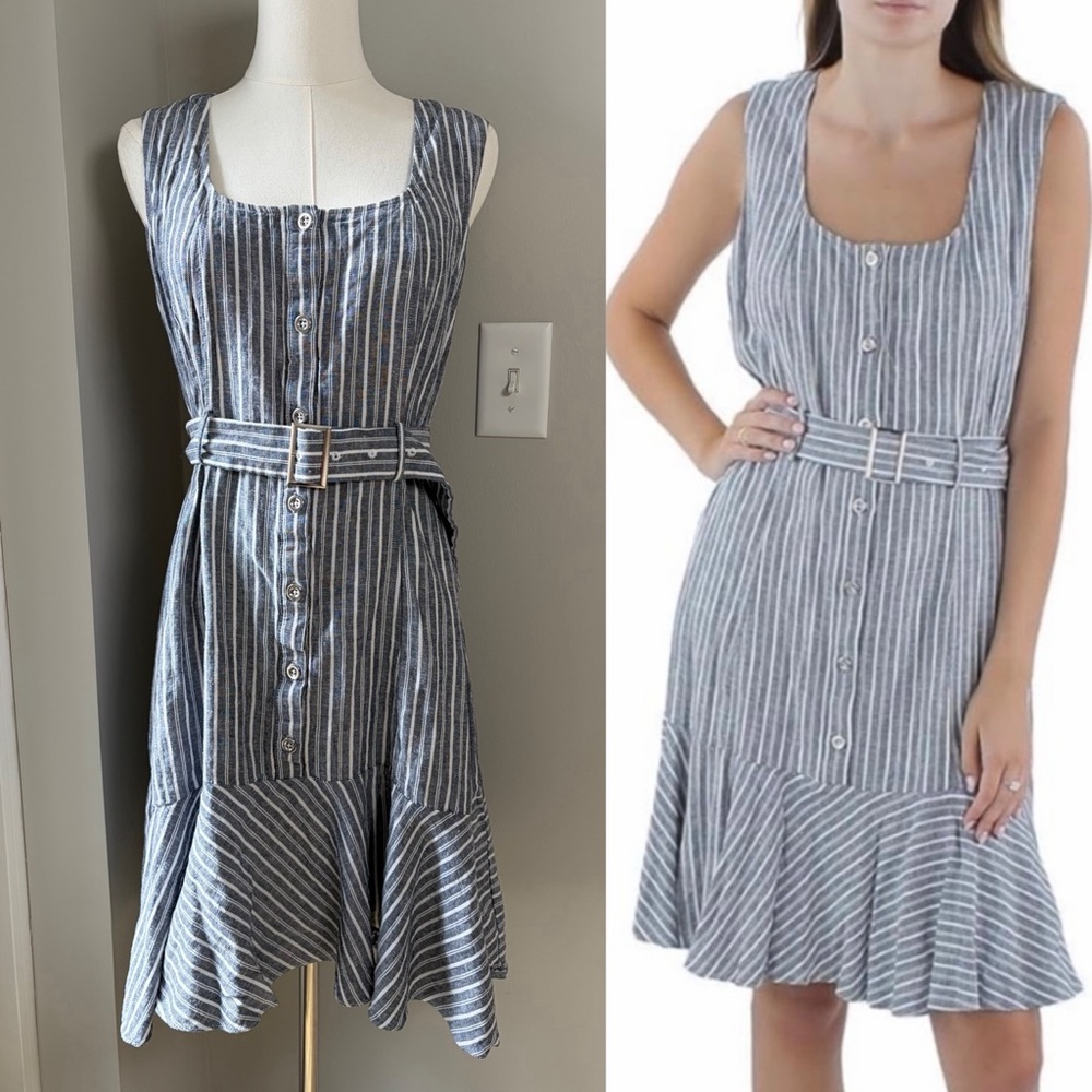 Nanette Nanette Lepore Linen Blend Button Down Striped Midi Dress